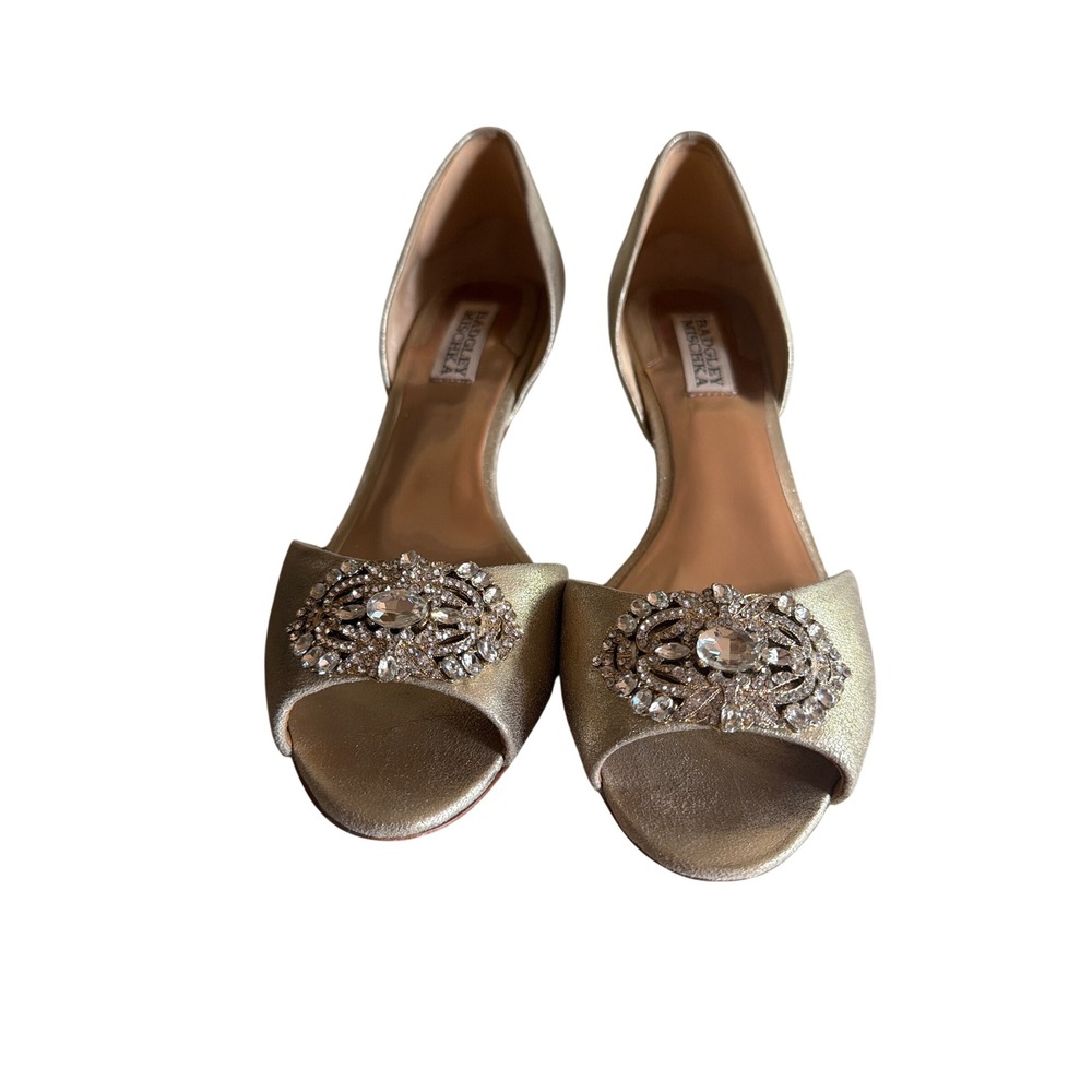Badgley Mischka Heels Gold Ginny dOrsay Peep Toe Crystal Brooch Kitten Heel 8